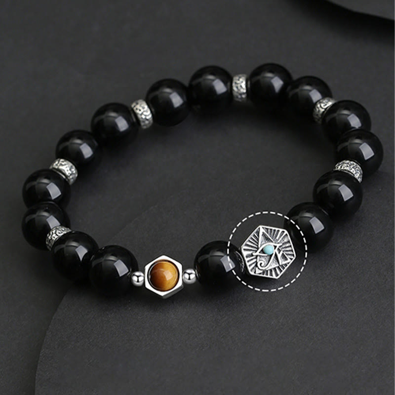 925 Sterling Silver Black Obsidian Tiger Eye Eye of Providence Purification Bracelet - Image 7
