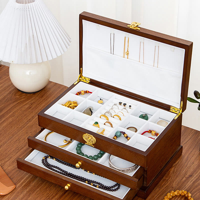 Retro Wooden Jewelry Box Three-Layer Jewelry Storage Box