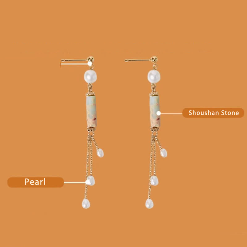 925 Sterling Silver Posts Shoushan Stone Pearl Healing Drop Earrings - Image 9