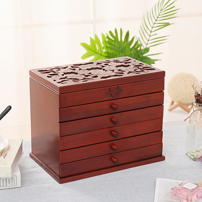 Large Capacity Vintage Flowers Carved Wooden Jewelry Box Six-Layer Jewelry Storage Box - Image 3