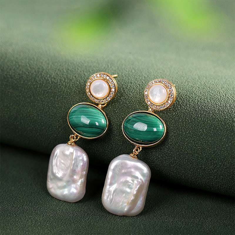 925 Sterling Silver Natural Baroque Pearl Malachite Healing Wisdom Drop Earrings