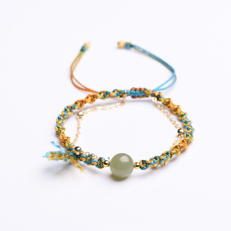 Handmade Colorful Rope Luck Jade Bead Abundance Double Layer Bracelet - Image 7