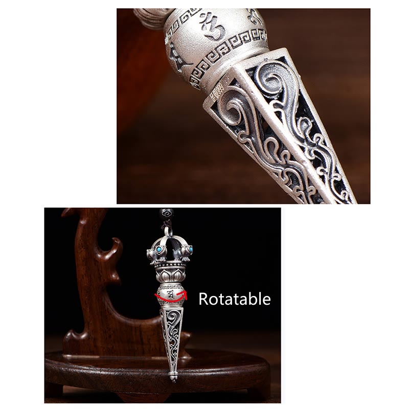 Tibetan Om Mani Padme Hum Dorje Vajra Design Wisdom Rotatable Necklace Pendant - Image 8