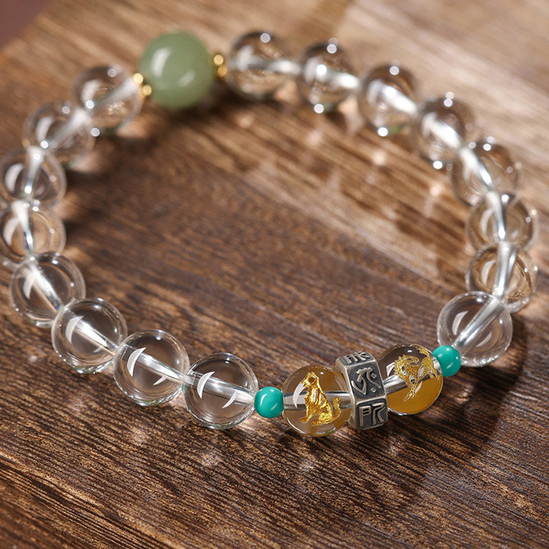 925 Sterling Silver Chinese Zodiac Natal Buddha Auspicious Groups White Crystal Hetian Jade Healing Bracelet