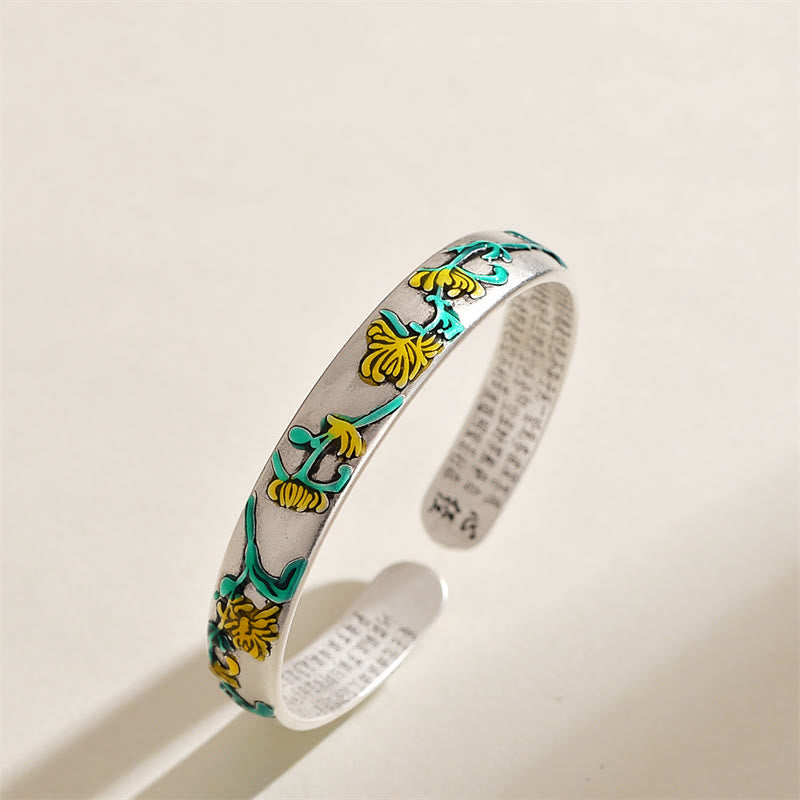 Plum Blossom Chrysanthemum Flower Design Heart Sutra Healing Bracelet Cuff Bangle - Image 4