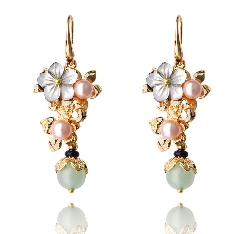 14K Gold Plated Tridacna Stone Flower Pearl Green Aventurine Bead Drop Earrings - Image 7