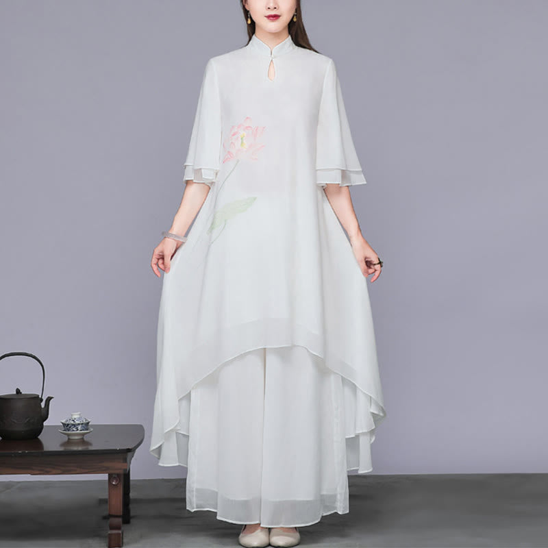 2Pcs Lotus Flower Cheongsam Midi Dress Wide Leg Pants Chiffon Zen Women's Set