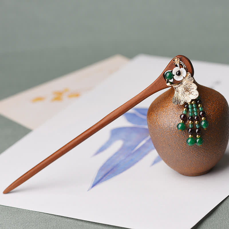 Red Sandalwood Green Agate Ginkgo Leaf Protection Hairpin - Image 3