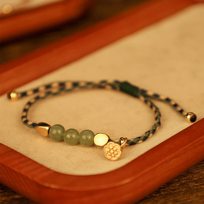 Handcrafted Hetian Jade Lotus Charm Luck Braided Bracelet