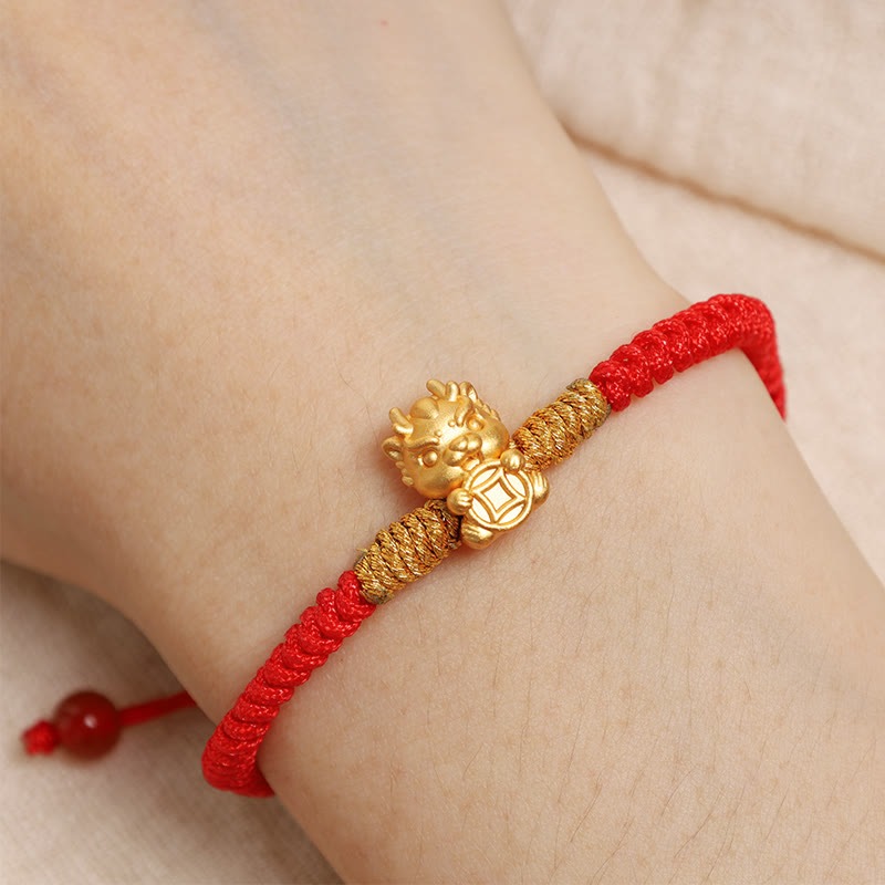 999 Sterling Silver Year of the Dragon Copper Coin Fortune Dragon Fu Character Luck Handcrafted Red String Braided Bracelet - Image 4