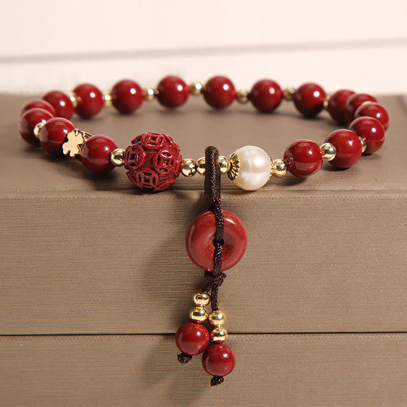 Natural Cinnabar Peace Buckle Copper Coin Charm Blessing Bracelet