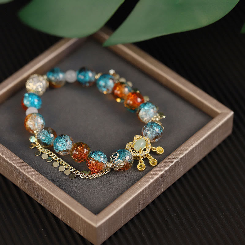 Colorful Liuli Glass Bead Chinese Lock Charm Fortune Bracelet