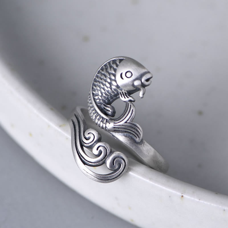925 Sterling Silver Koi Fish Water Ripple Luck Wealth Ring - Image 7