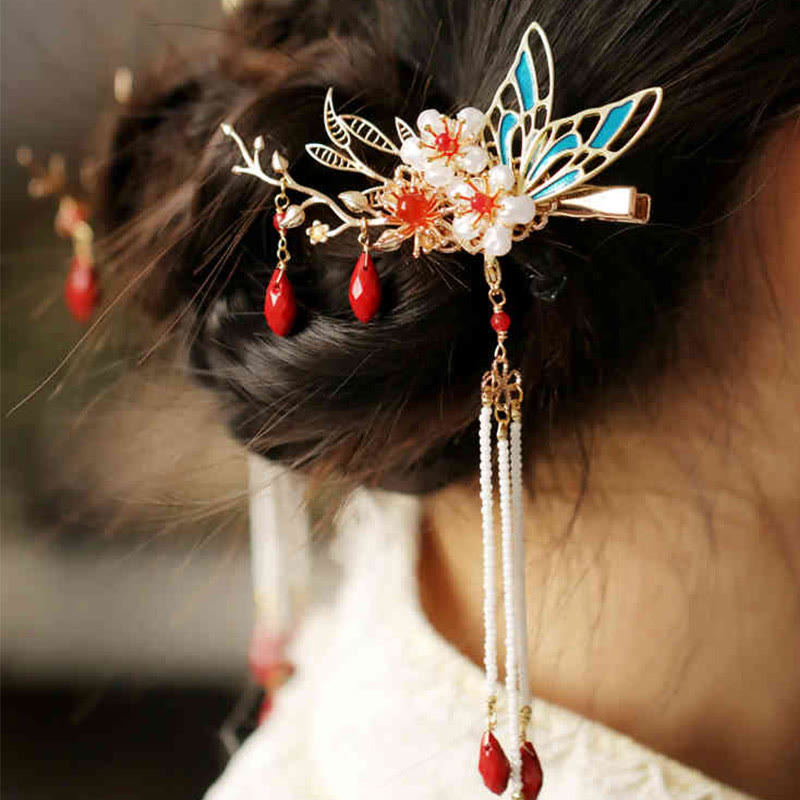 Classical Chinese Style Flower Branche Butterfly Pearl Tassel Hair Clip Hair Comb Hair Crown - Image 23
