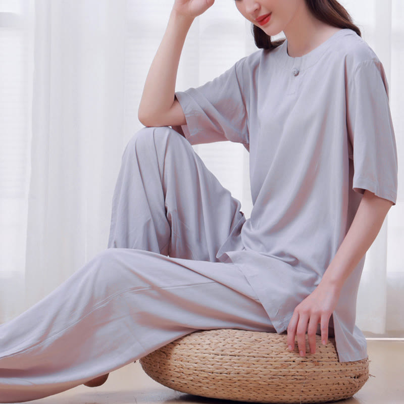 2Pcs Half Sleeve T-Shirt Pants Meditation Zen Tai Chi Cotton Linen Clothing Unisex Set - Image 12