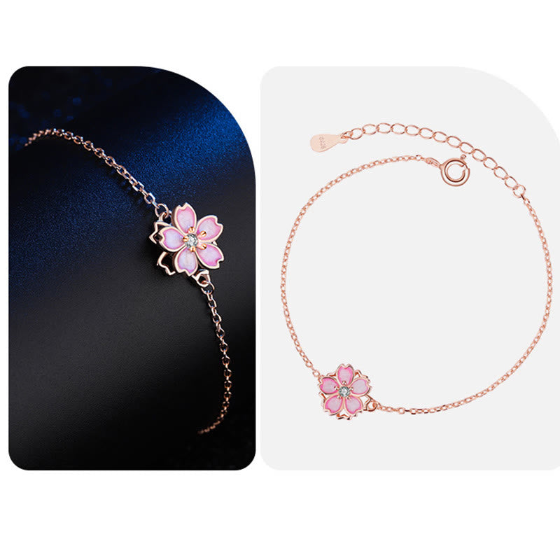 925 Sterling Silver Cherry Blossom Blessing Chain Bracelet Rotatable Ring - Image 12