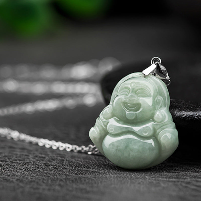 925 Sterling Silver Laughing Buddha Jade Blessing Necklace Chain Pendant - Image 6
