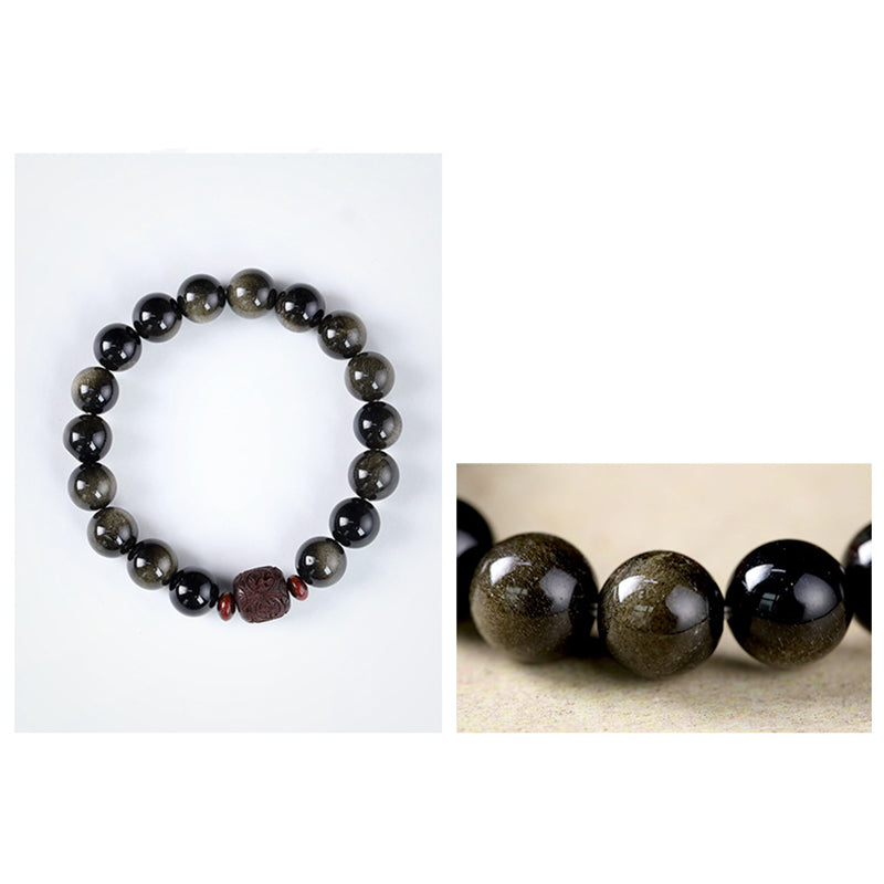 Natural Gold Sheen Obsidian Rainbow Obsidian Om Mani Padme Hum Fu Character Healing Bracelet - Image 17