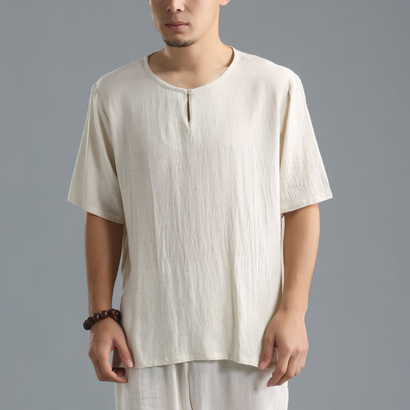Men's Solid Color Round Neck Short Sleeve Cotton Linen Shirt - Image 14