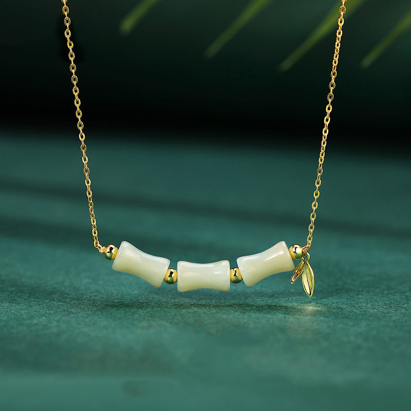 925 Sterling Silver Hetian Jade Bamboo Fu Character Prosperity Necklace Pendant Bracelet