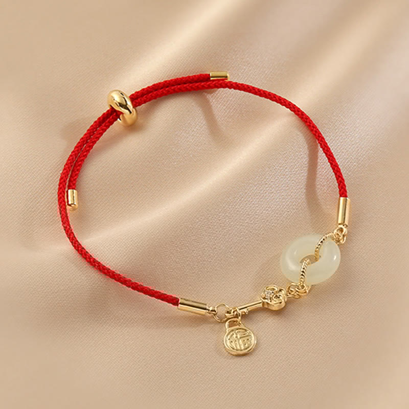 18K Gold Plated Hetian Jade Peace Buckle Fu Character Luck Red Rope Bracelet - Image 3