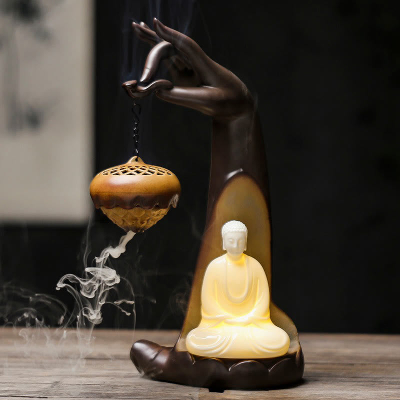 Led Buddha Hand Backflow Smoke Fountain Healing Ceramic Stick Incense Burner Decoration - Image 3