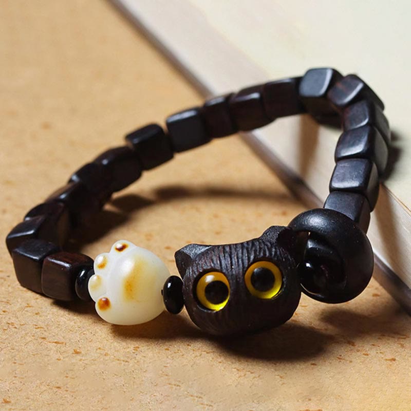 Ebony Wood Cute Cat Bodhi Seed Paw Claw Square Beads Calm Bracelet - Image 3