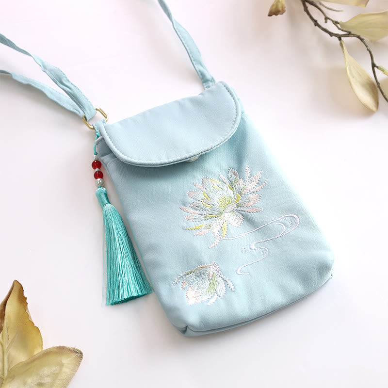 Small Embroidered Flowers Crossbody Bag Shoulder Bag Double Layer Cellphone Bag - Image 11