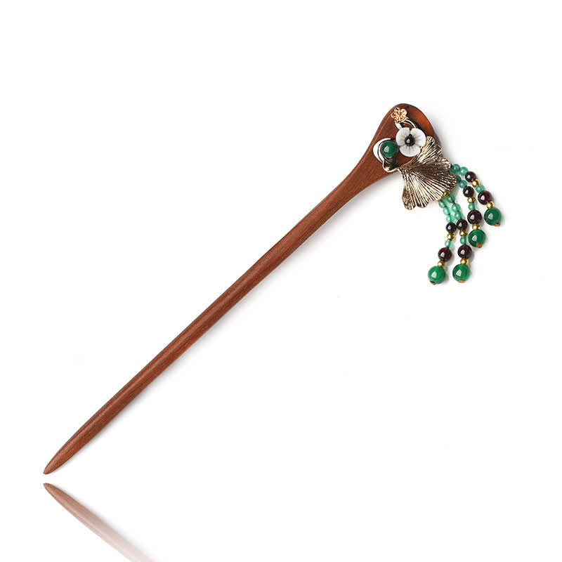 Red Sandalwood Green Agate Ginkgo Leaf Protection Hairpin - Image 9