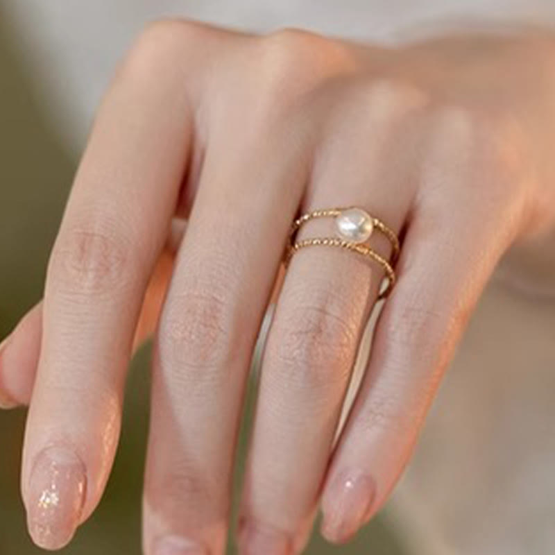 Round Jade Pearl Bead Double Layer Copper Luck Adjustable Ring - Image 11