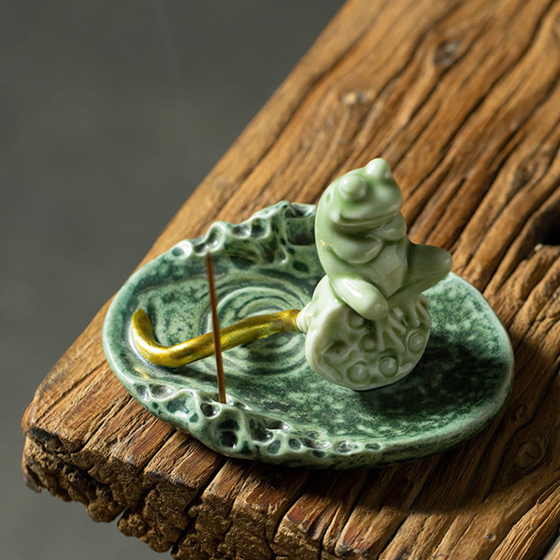 Leaf Meditation Frog Pattern Healing Ceramic Incense Burner Decoration - Image 13
