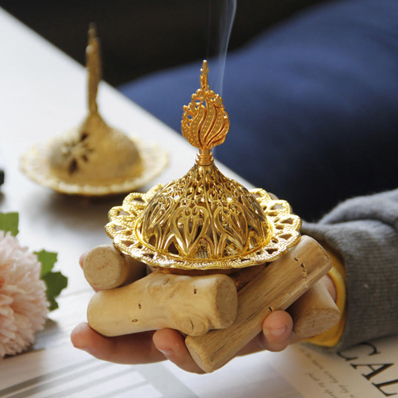 Gold Alloy Healing Mini Incense Burner With Wooden Coaster Home Decor - Image 5