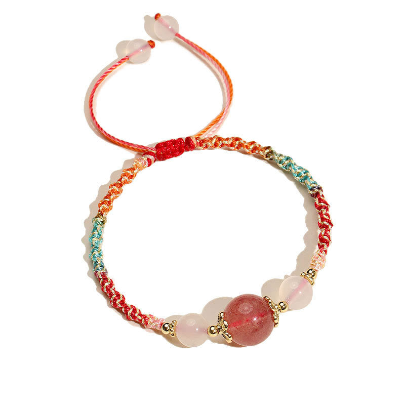 Strawberry Quartz Pink Crystal Prehnite White Agate Bead Healing Rope Bracelet - Image 6