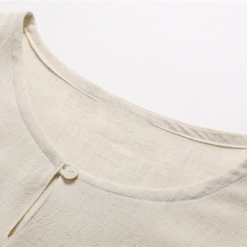 Men's Solid Color Round Neck Short Sleeve Cotton Linen Shirt - Image 20