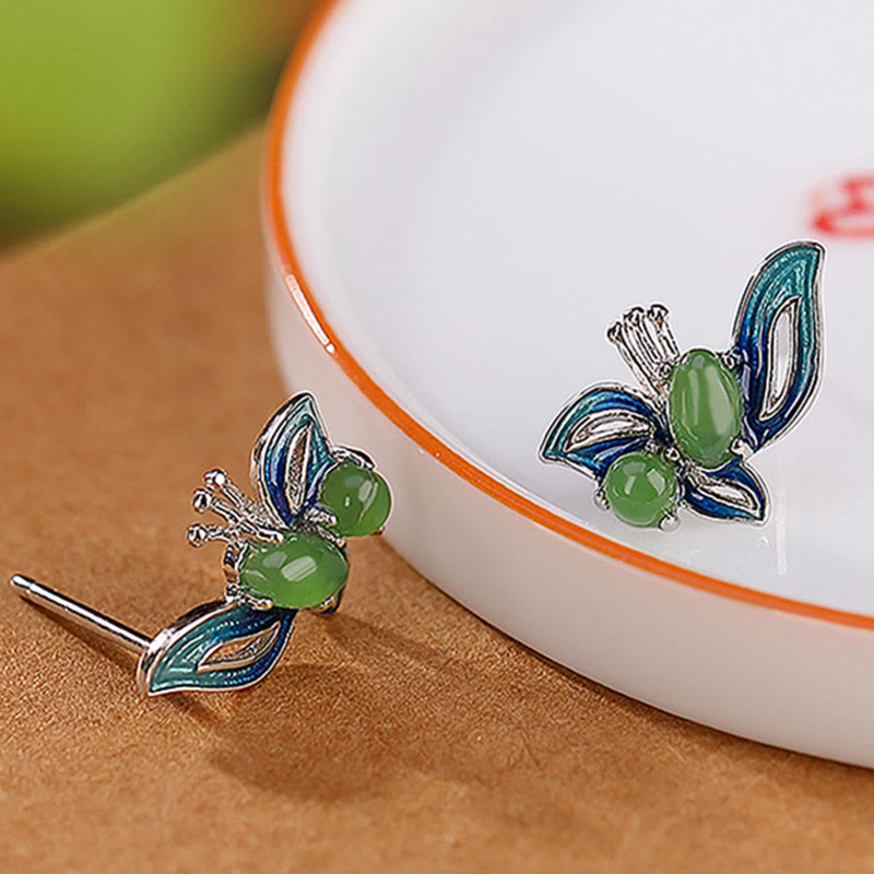 925 Sterling Silver Plated Gold Natural Cyan Jade Butterfly Luck Healing Earrings - Image 11