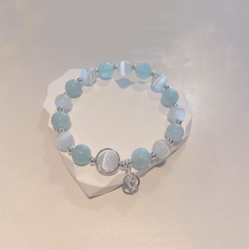 925 Sterling Silver Cat's Eye Aquamarine Support Charm Bracelet - Image 7