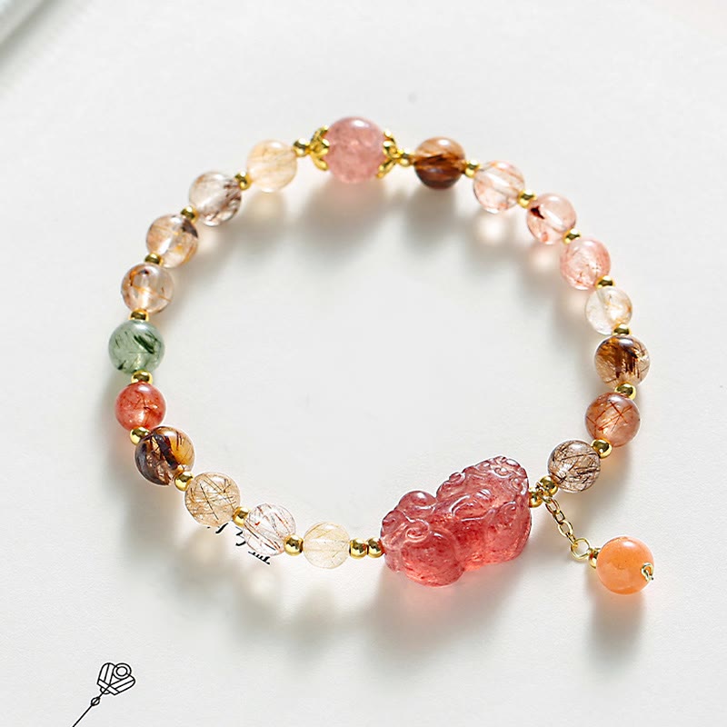 Natural Rutilated Quartz Strawberry Quartz PiXiu Wealth Bracelet