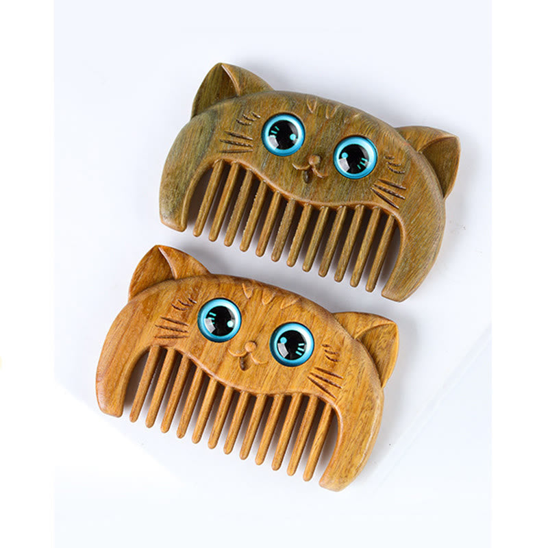 Simple Cat Pattern Green Sandalwood Cure Portable Comb - Image 6
