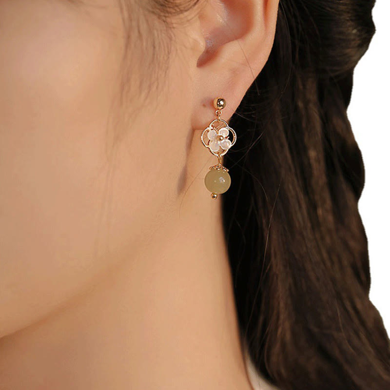 Tridacna Stone Flower Jade Bead Blessing Drop Earrings - Image 11