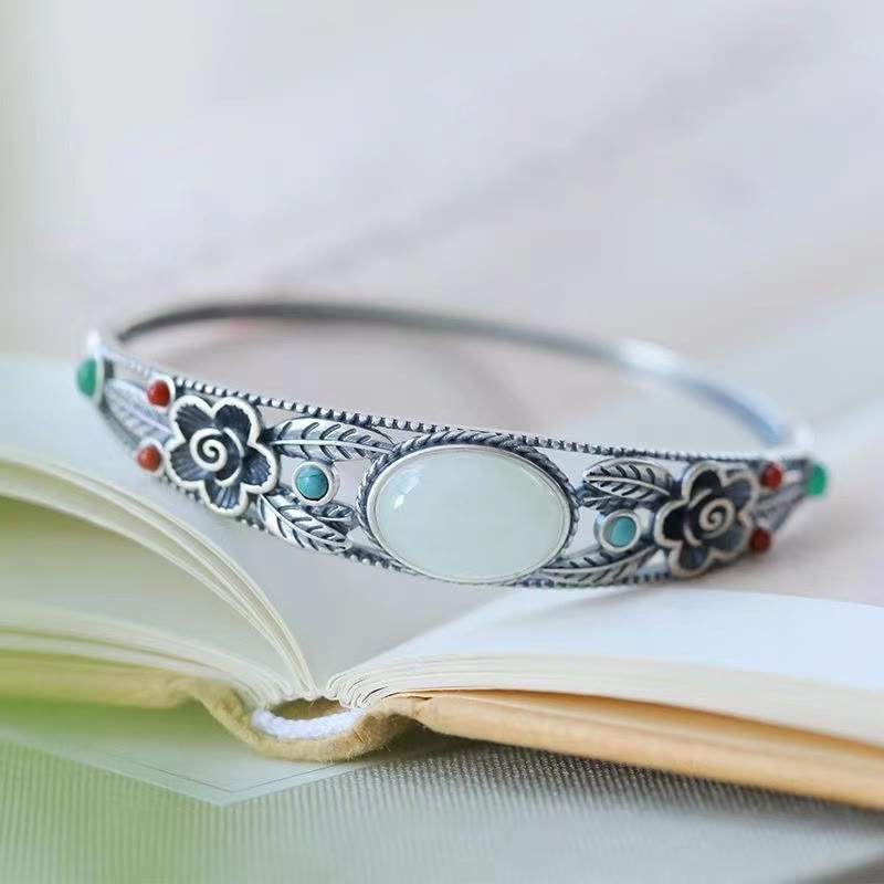 Cyan Jade White Jade Flower Leaf Harmony Luck Bracelet Bangle - Image 10