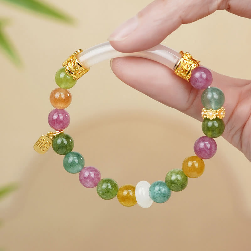 Colorful Tourmaline Chalcedony Positive Fu Character Charm Bracelet