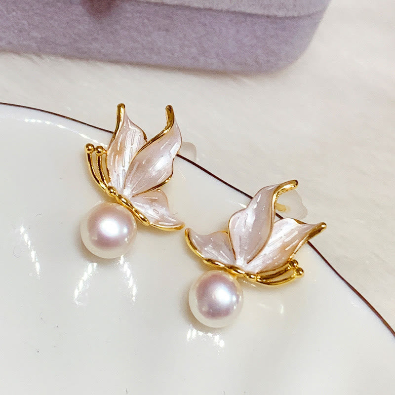 925 Sterling Silver Posts Copper Plated Gold Natural Pearl Bead Butterfly Wisdom Stud Earrings