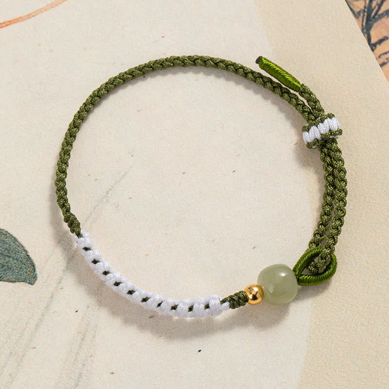 925 Sterling Silver Hetian Jade Bead Luck Braided Rope Bracelet
