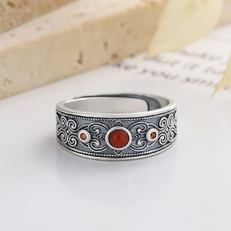 925 Sterling Silver Embedded Red Agate Auspicious Clouds Logical Thinking Ring - Image 6