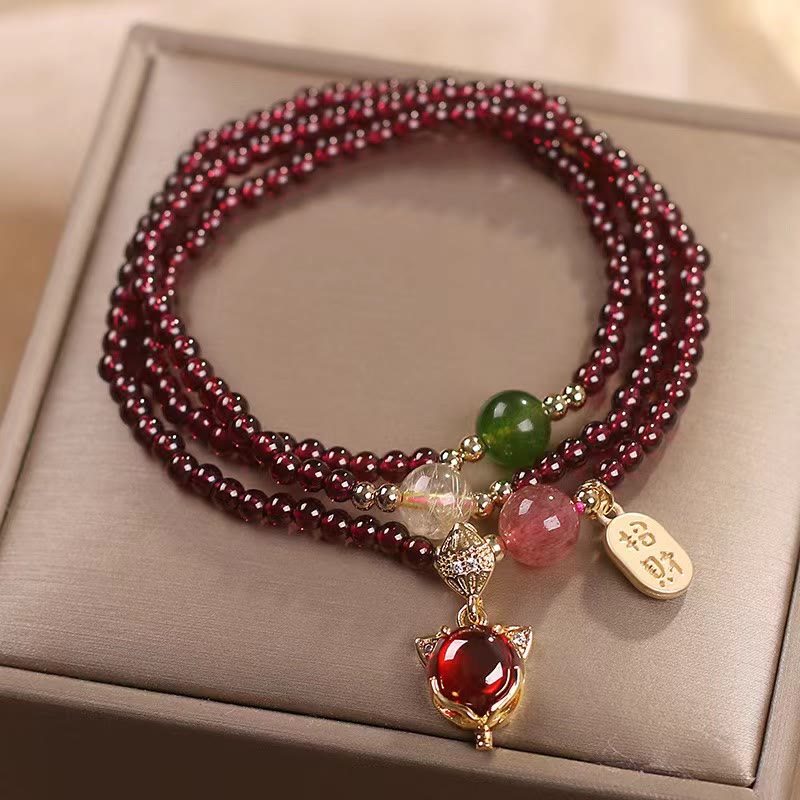 Natural Garnet Strawberry Quartz Crystal Fox Koi Fish Peace Buckle Fortune Protection Triple Wrap Bracelet - Image 3