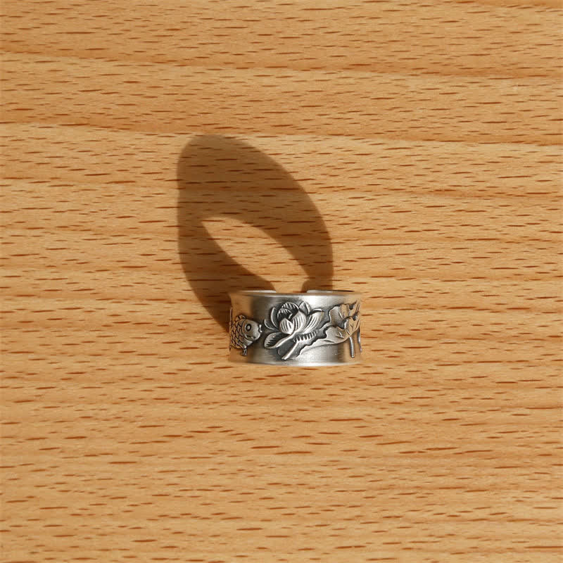 999 Sterling Silver Luck Koi Fish Lotus Heart Sutra Wealth Ring - Image 14