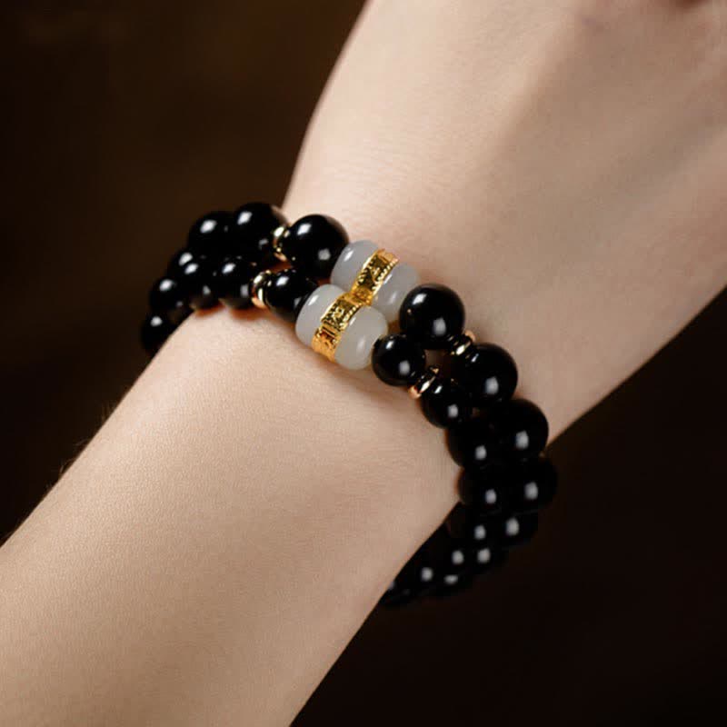 Black Obsidian Jade Om Mani Padme Hum Strength Couple Magnetic Bracelet - Image 11