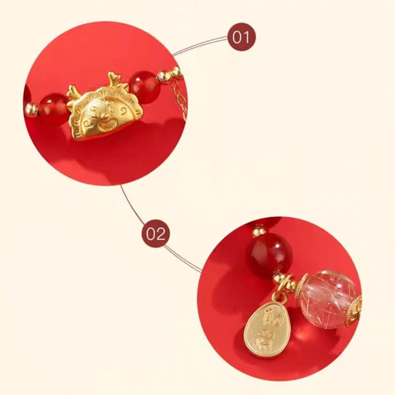 Year of the Dragon Dumpling Natural Red Agate Garnet Hetian Jade Fu Character Luck Success Bracelet - Image 9
