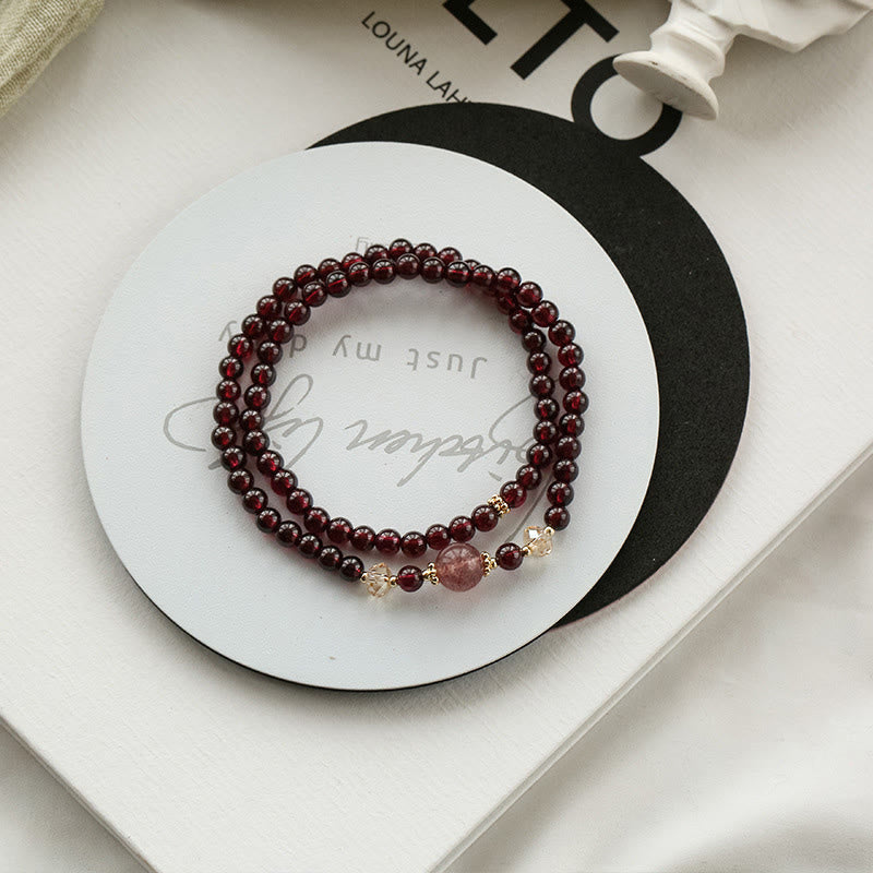 14K Gold Plated Natural Garnet Strawberry Quartz Stability Double Wrap Bracelet - Image 5