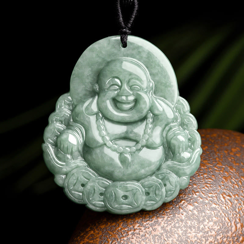Laughing Buddha Natural Jade Copper Coin Abundance Necklace Pendant
